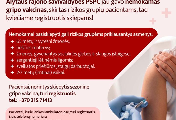 Pasiruoškite gripo sezonui – nemokama vakcinacija rizikos grupių pacientams