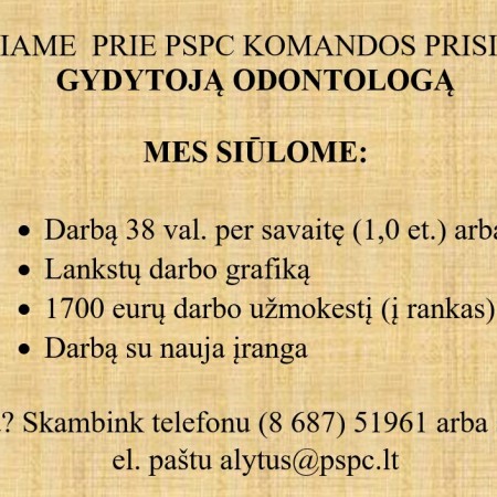 Kviečiame prie PSPC komandos prisijungti gydytoją odontologą